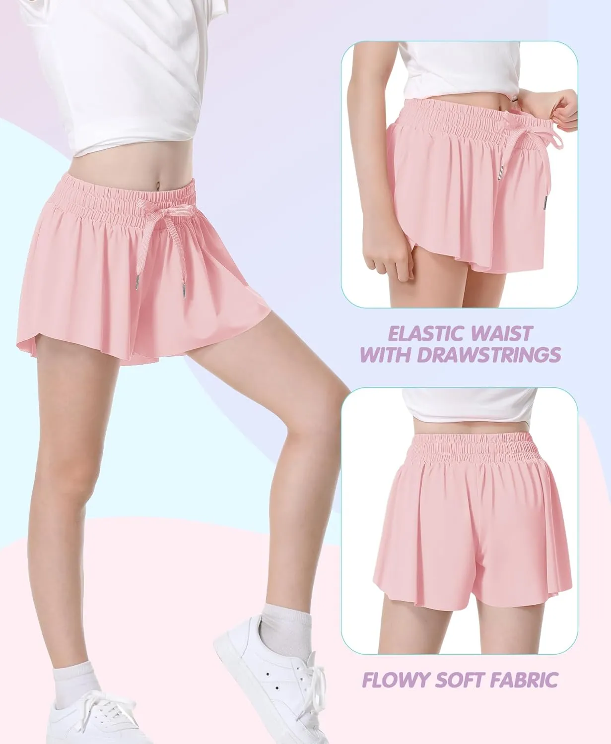 QooNoo Girls Butterfly Shorts with Pocket Flowy Athletic Shorts High Waist Preppy Running Shorts for Kids Teen
