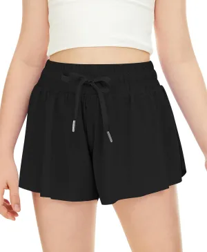 QooNoo Girls Butterfly Shorts with Pocket Flowy Athletic Shorts High Waist Preppy Running Shorts for Kids Teen