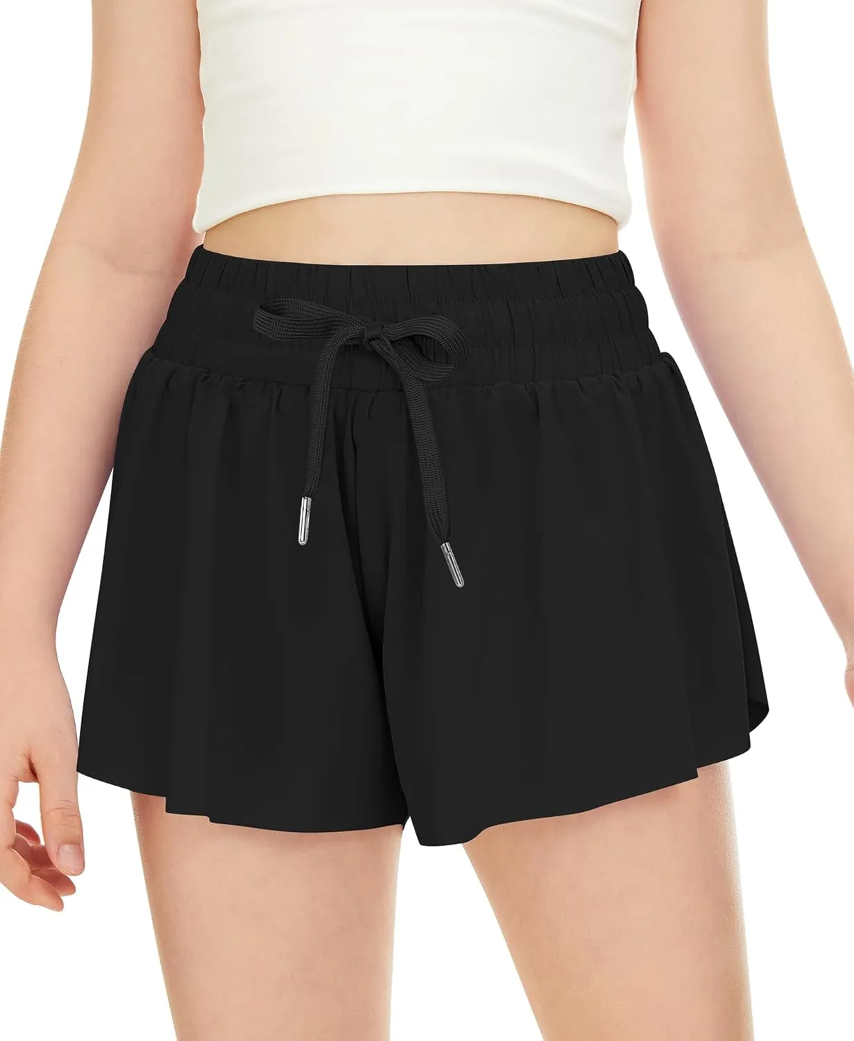 QooNoo Girls Butterfly Shorts with Pocket Flowy Athletic Shorts High Waist Preppy Running Shorts for Kids Teen