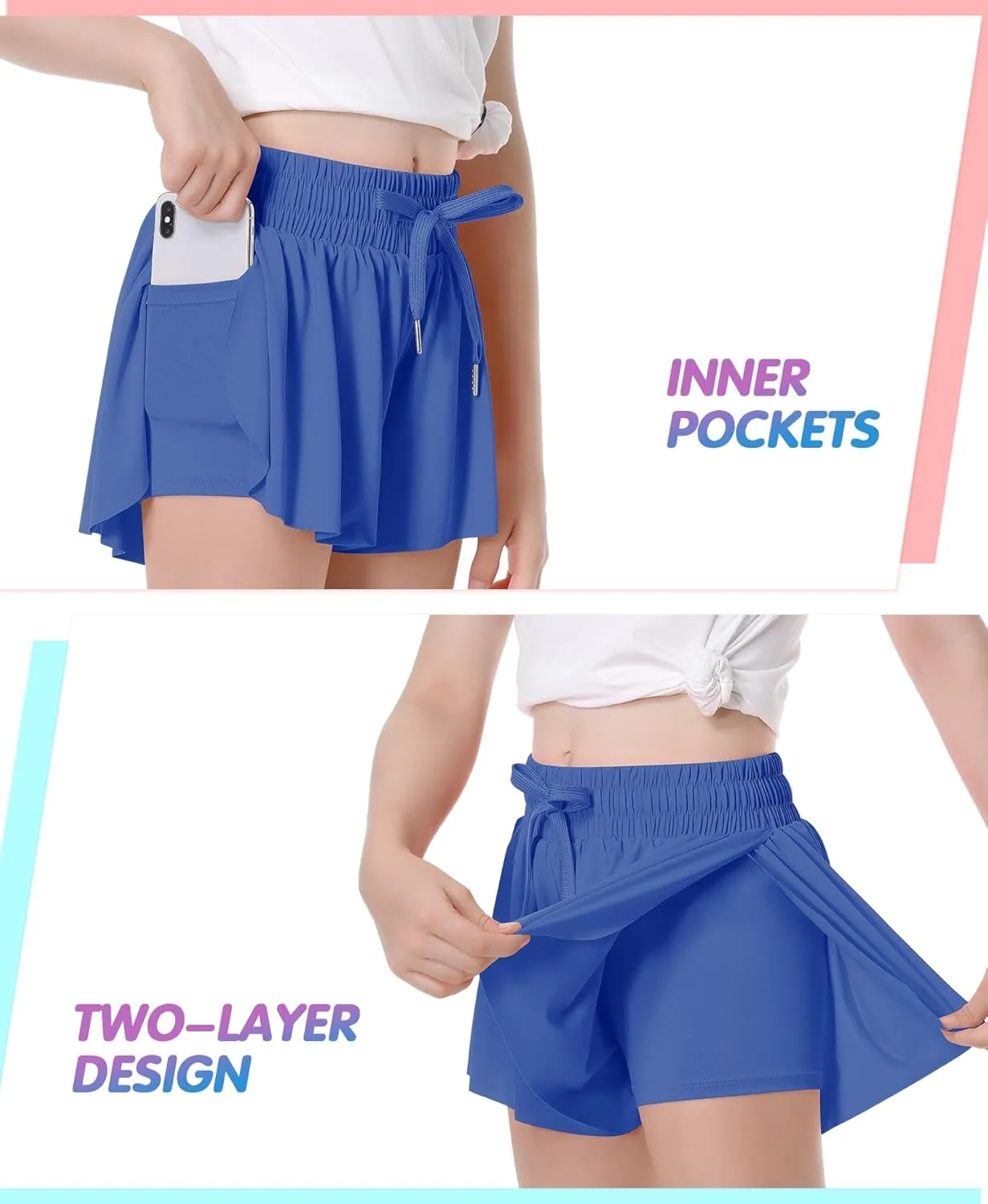QooNoo Girls Butterfly Shorts with Pocket Flowy Athletic Shorts High Waist Preppy Running Shorts for Kids Teen