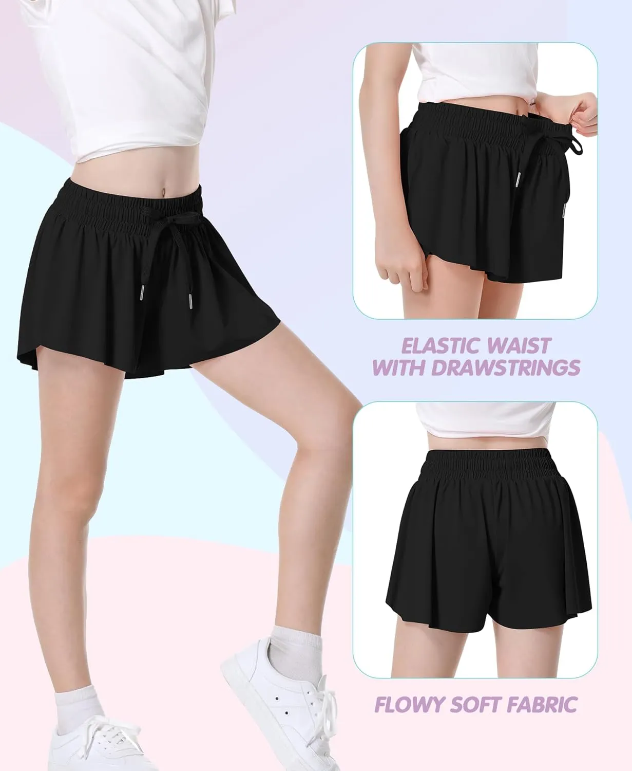 QooNoo Girls Butterfly Shorts with Pocket Flowy Athletic Shorts High Waist Preppy Running Shorts for Kids Teen