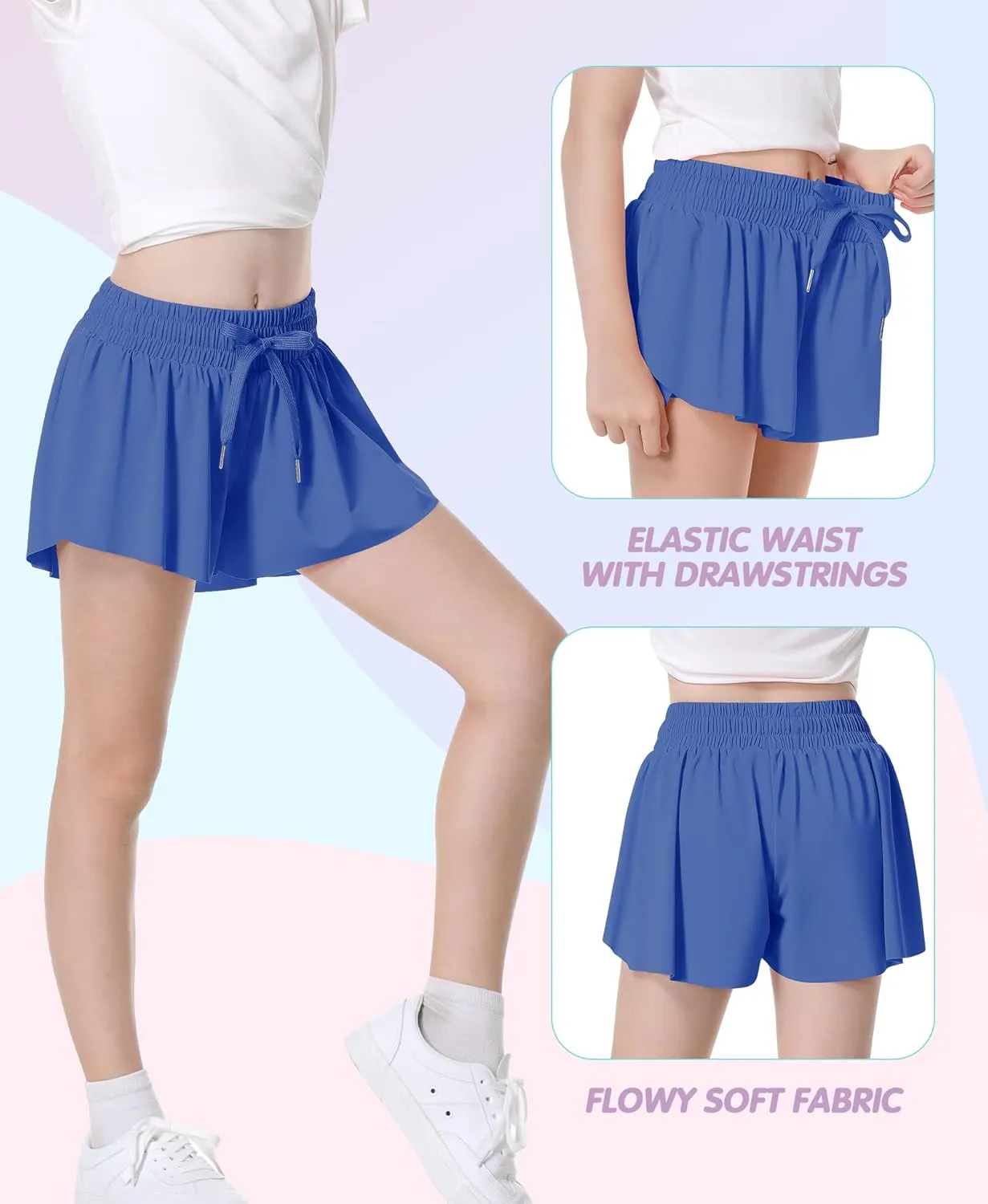 QooNoo Girls Butterfly Shorts with Pocket Flowy Athletic Shorts High Waist Preppy Running Shorts for Kids Teen