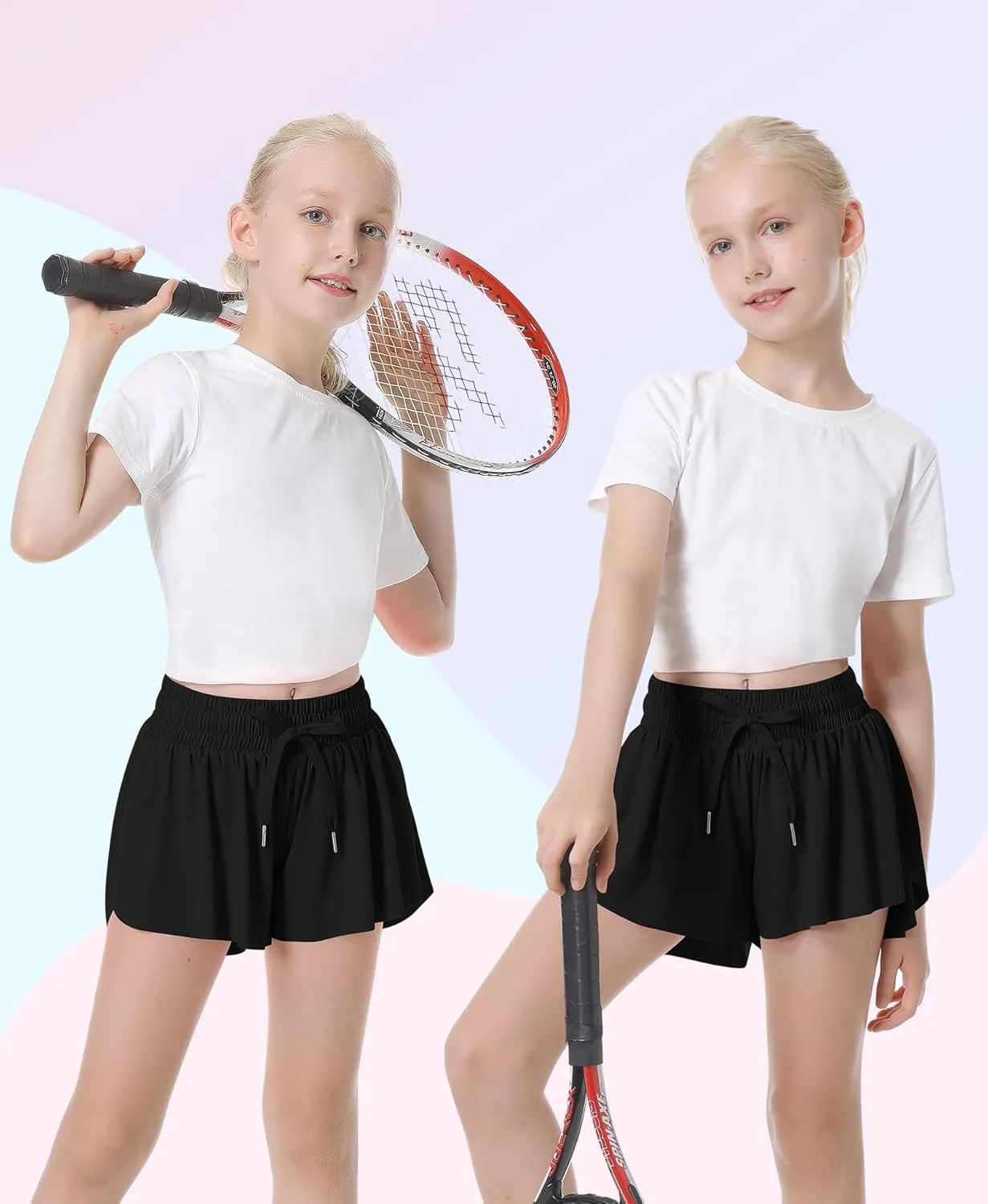 QooNoo Girls Butterfly Shorts with Pocket Flowy Athletic Shorts High Waist Preppy Running Shorts for Kids Teen