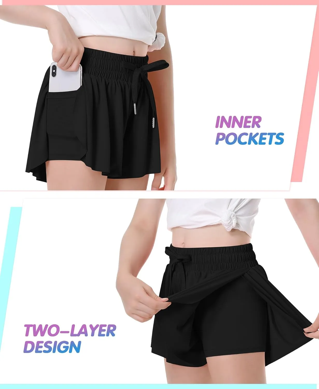 QooNoo Girls Butterfly Shorts with Pocket Flowy Athletic Shorts High Waist Preppy Running Shorts for Kids Teen