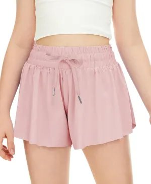 QooNoo Girls Butterfly Shorts with Pocket Flowy Athletic Shorts High Waist Preppy Running Shorts for Kids Teen
