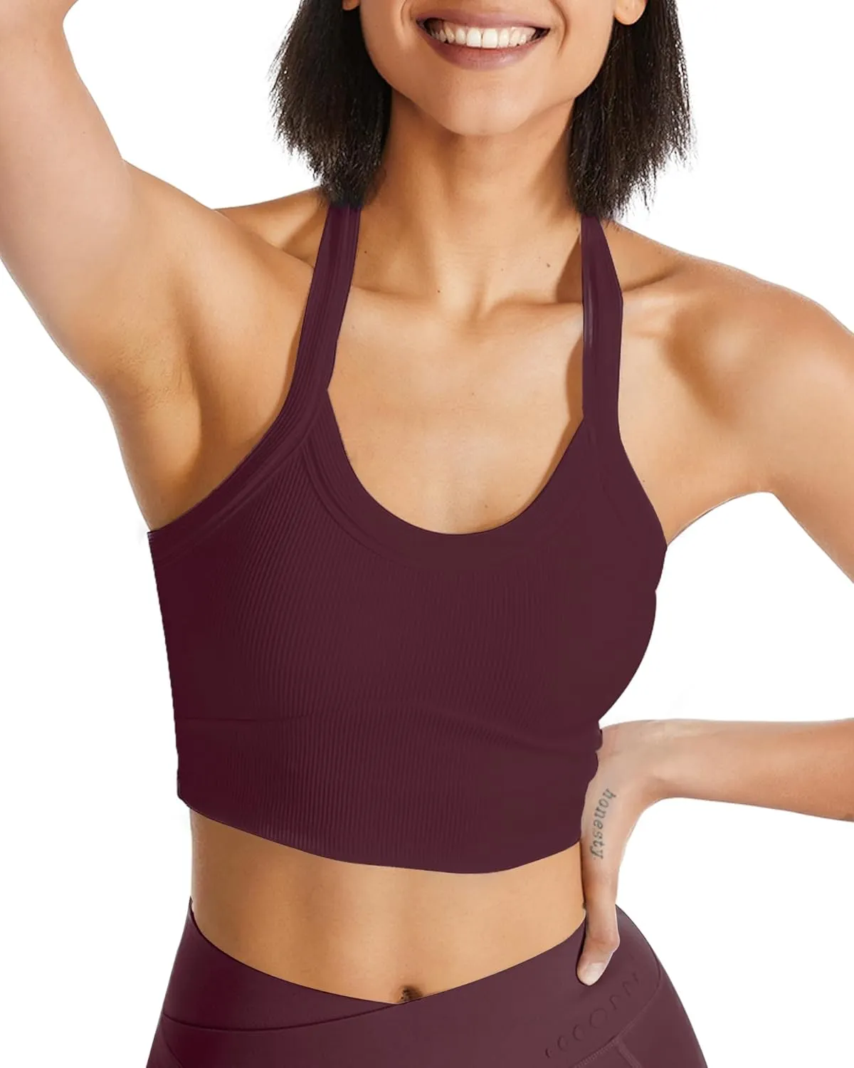 QUOJIZY Halter Sports Bra Longline Open Back Workout Top Ribbed Crop Tank Tops with Built in Bra Gym Yoga Push Up