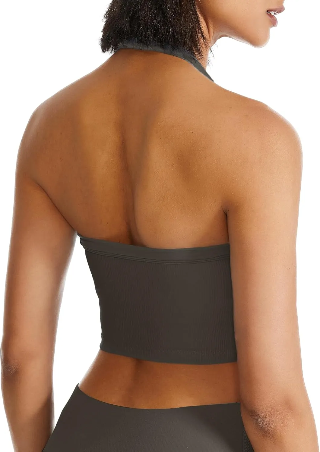 QUOJIZY Halter Sports Bra Longline Open Back Workout Top Ribbed Crop Tank Tops with Built in Bra Gym Yoga Push Up