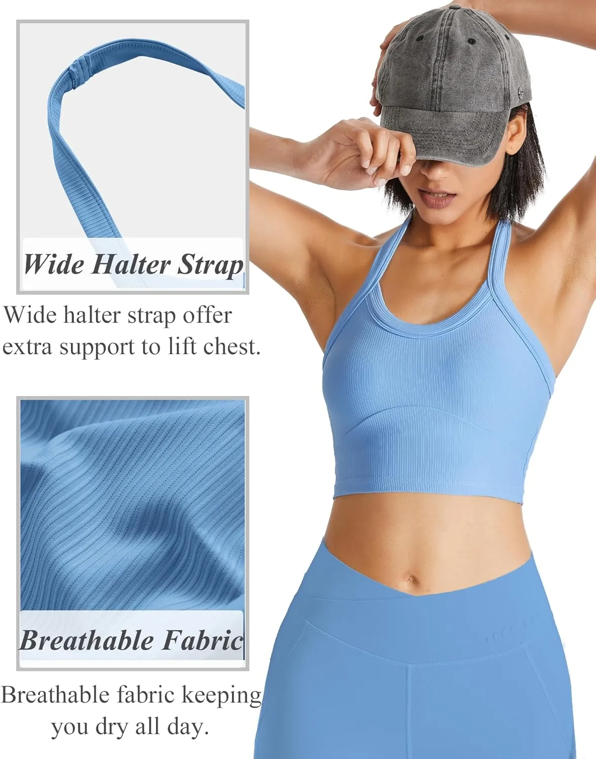 QUOJIZY Halter Sports Bra Longline Open Back Workout Top Ribbed Crop Tank Tops with Built in Bra Gym Yoga Push Up