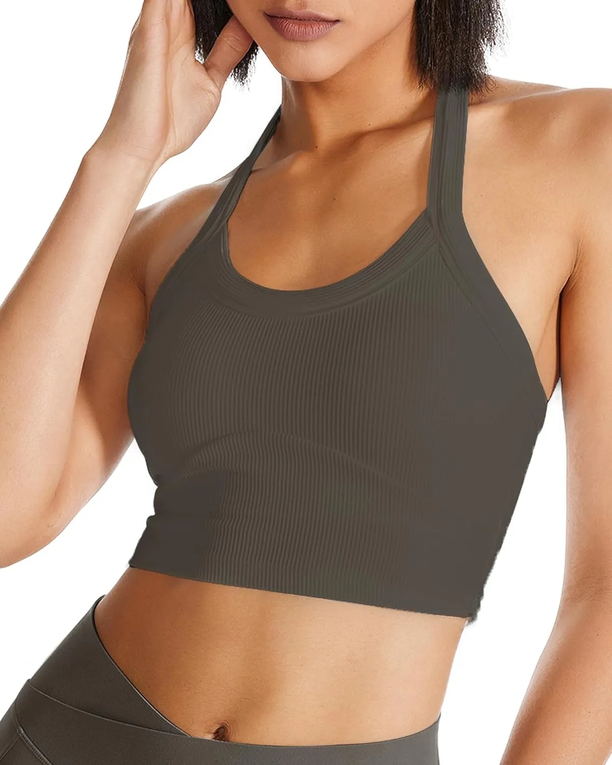 QUOJIZY Halter Sports Bra Longline Open Back Workout Top Ribbed Crop Tank Tops with Built in Bra Gym Yoga Push Up