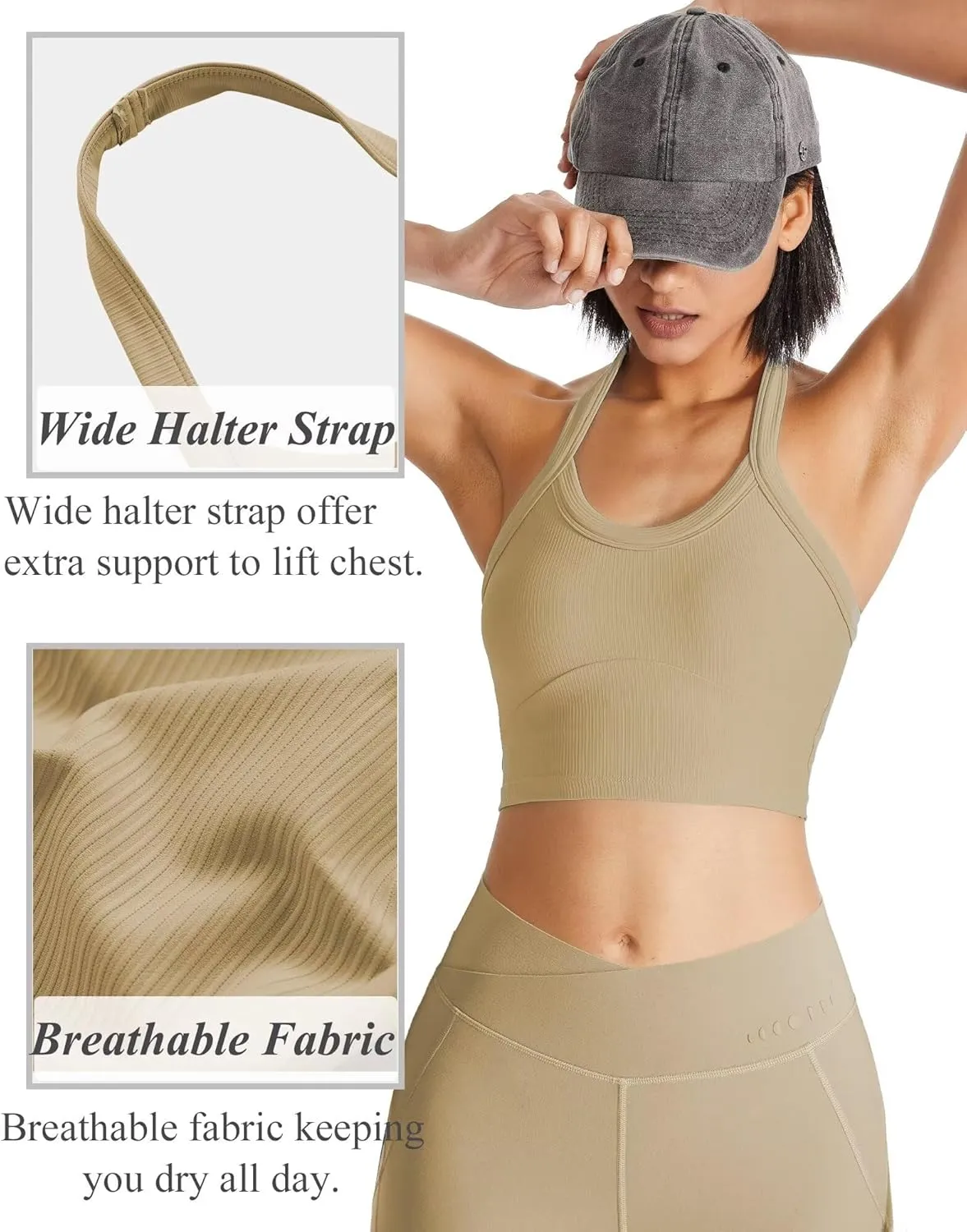 QUOJIZY Halter Sports Bra Longline Open Back Workout Top Ribbed Crop Tank Tops with Built in Bra Gym Yoga Push Up