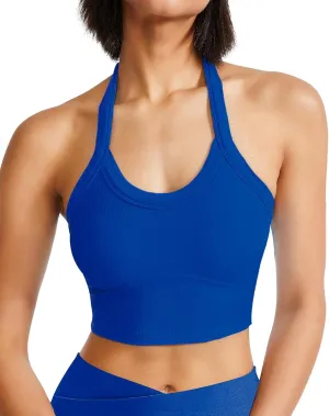 QUOJIZY Halter Sports Bra Longline Open Back Workout Top Ribbed Crop Tank Tops with Built in Bra Gym Yoga Push Up