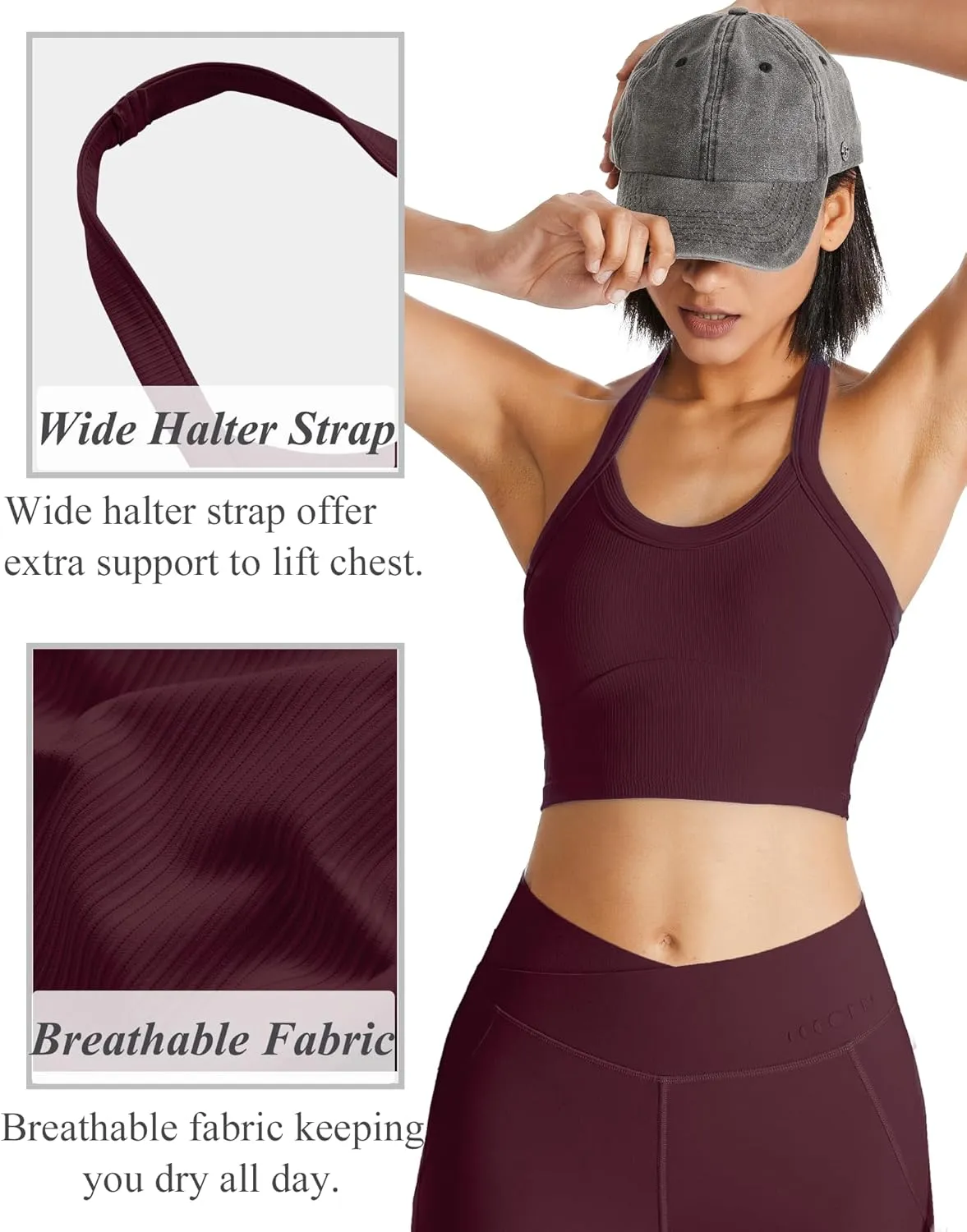 QUOJIZY Halter Sports Bra Longline Open Back Workout Top Ribbed Crop Tank Tops with Built in Bra Gym Yoga Push Up