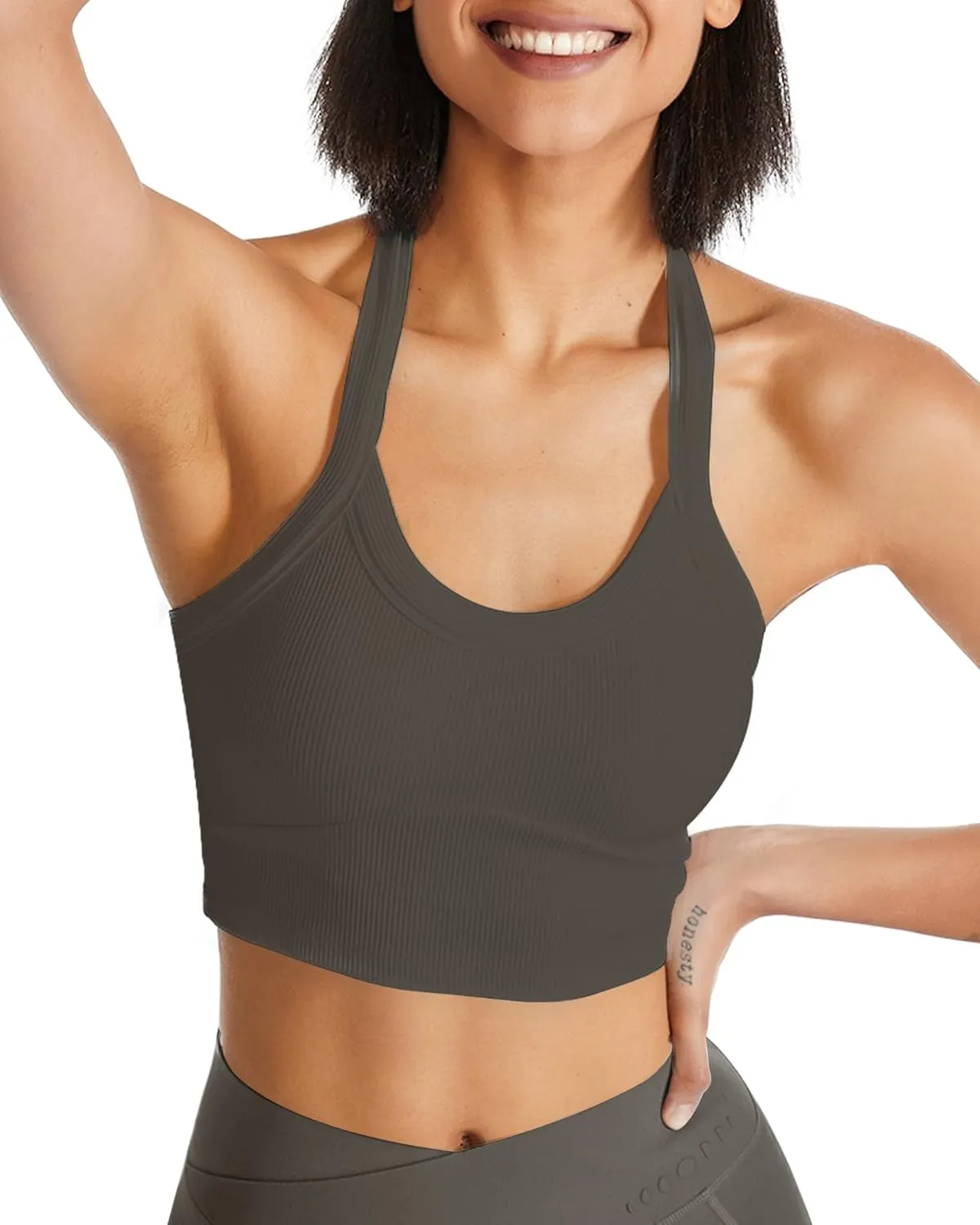 QUOJIZY Halter Sports Bra Longline Open Back Workout Top Ribbed Crop Tank Tops with Built in Bra Gym Yoga Push Up