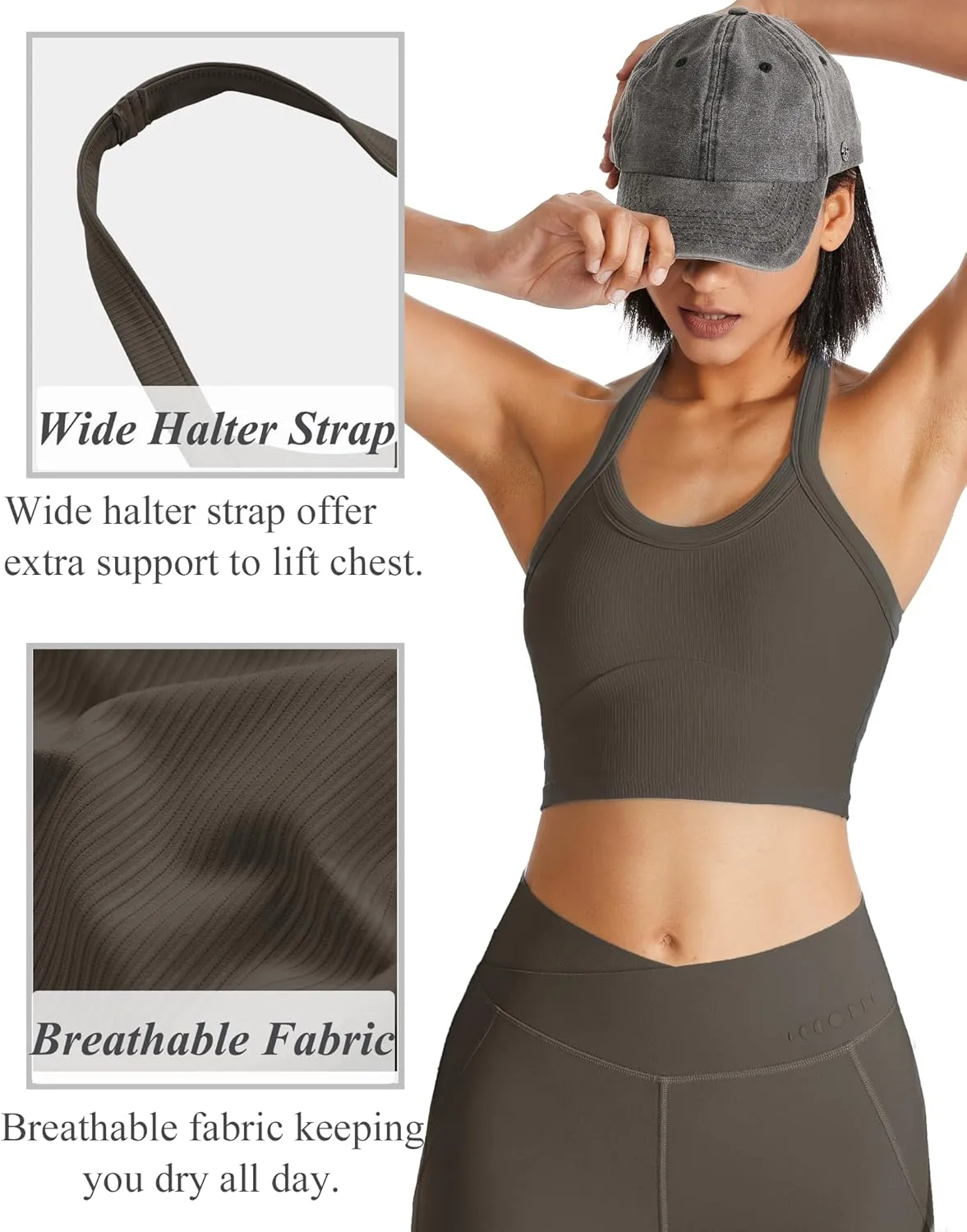 QUOJIZY Halter Sports Bra Longline Open Back Workout Top Ribbed Crop Tank Tops with Built in Bra Gym Yoga Push Up