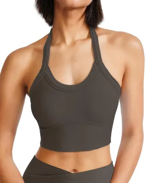 QUOJIZY Halter Sports Bra Longline Open Back Workout Top Ribbed Crop Tank Tops with Built in Bra Gym Yoga Push Up