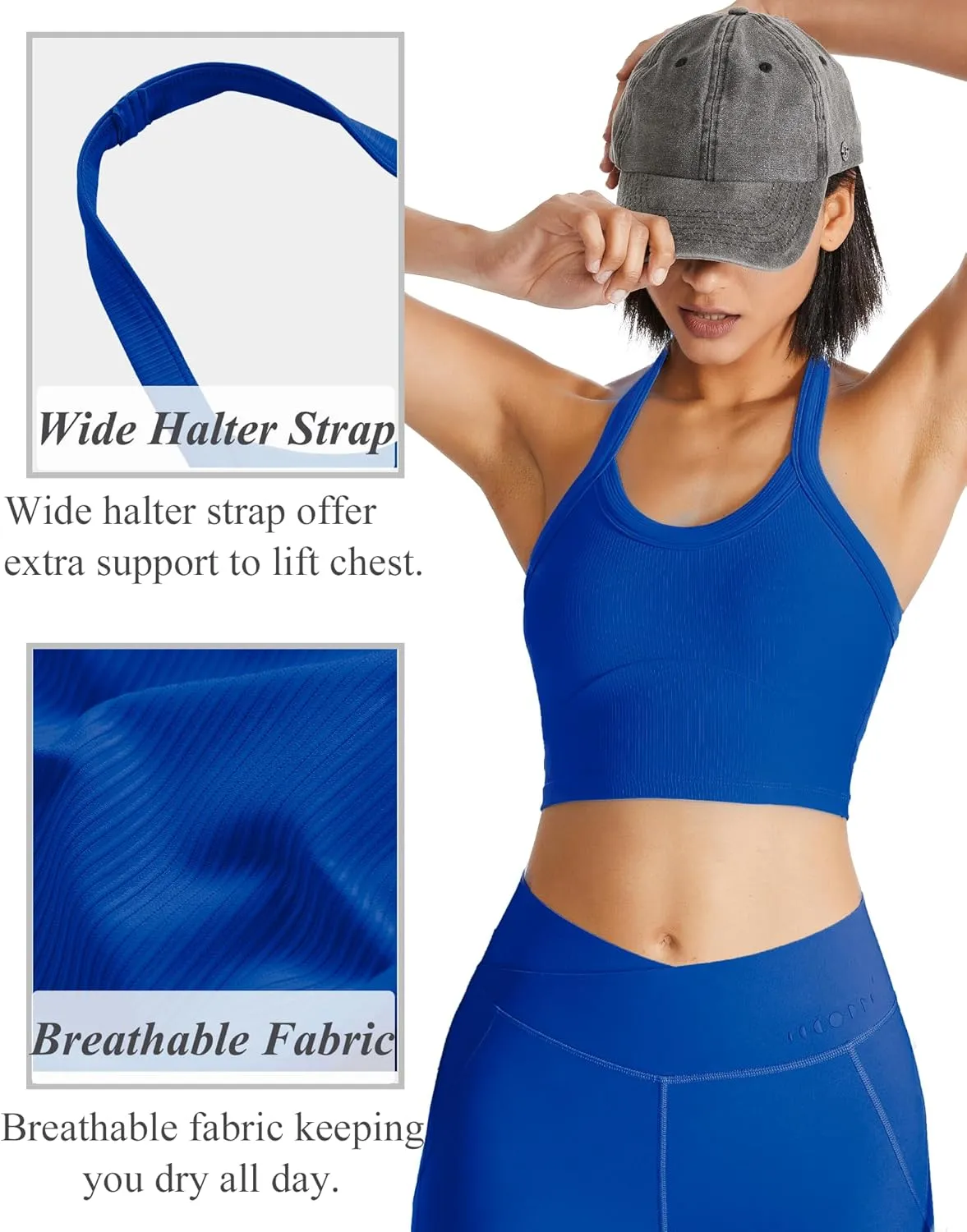 QUOJIZY Halter Sports Bra Longline Open Back Workout Top Ribbed Crop Tank Tops with Built in Bra Gym Yoga Push Up