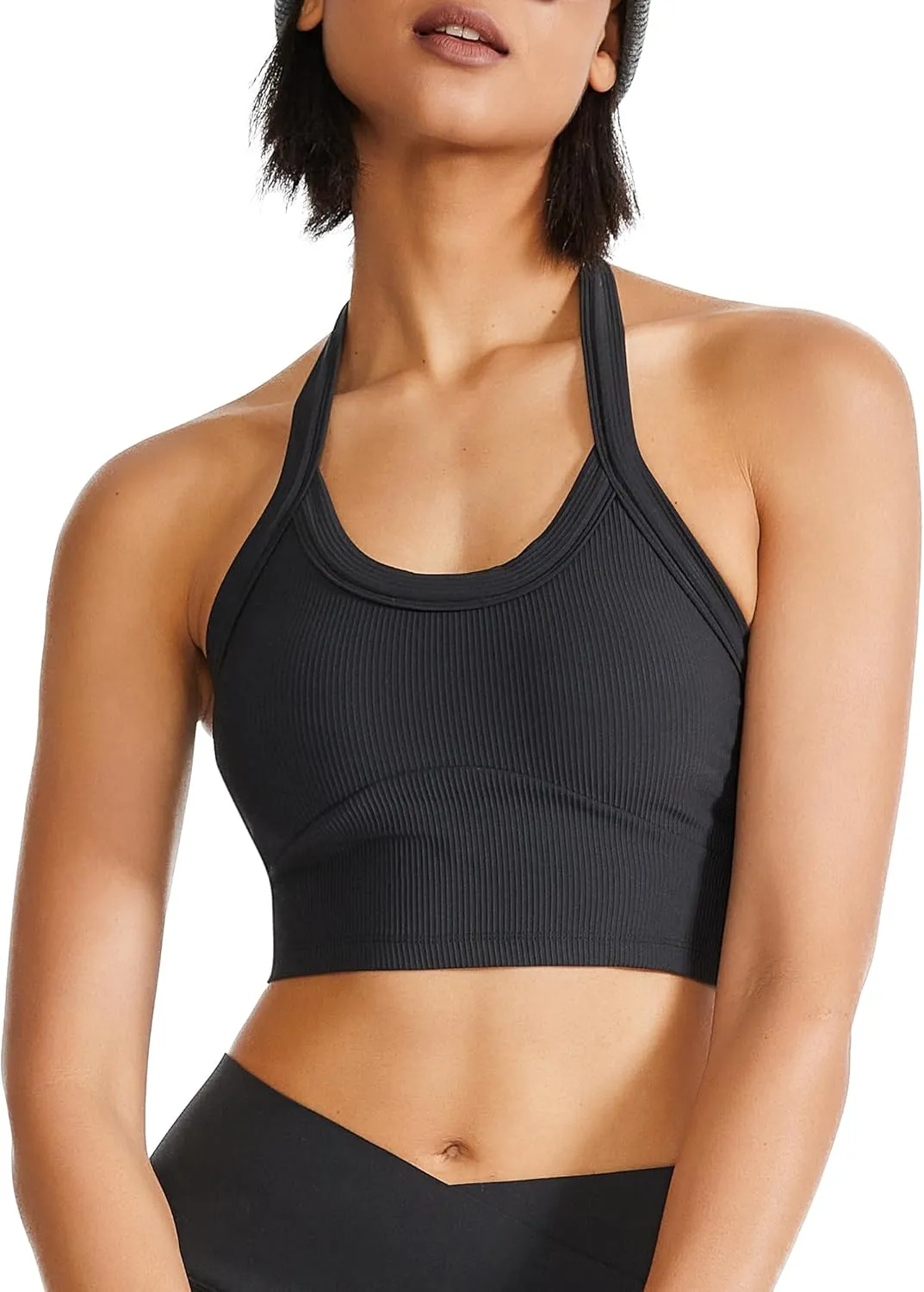 QUOJIZY Halter Sports Bra Longline Open Back Workout Top Ribbed Crop Tank Tops with Built in Bra Gym Yoga Push Up
