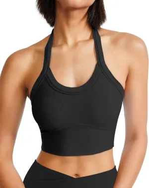 QUOJIZY Halter Sports Bra Longline Open Back Workout Top Ribbed Crop Tank Tops with Built in Bra Gym Yoga Push Up