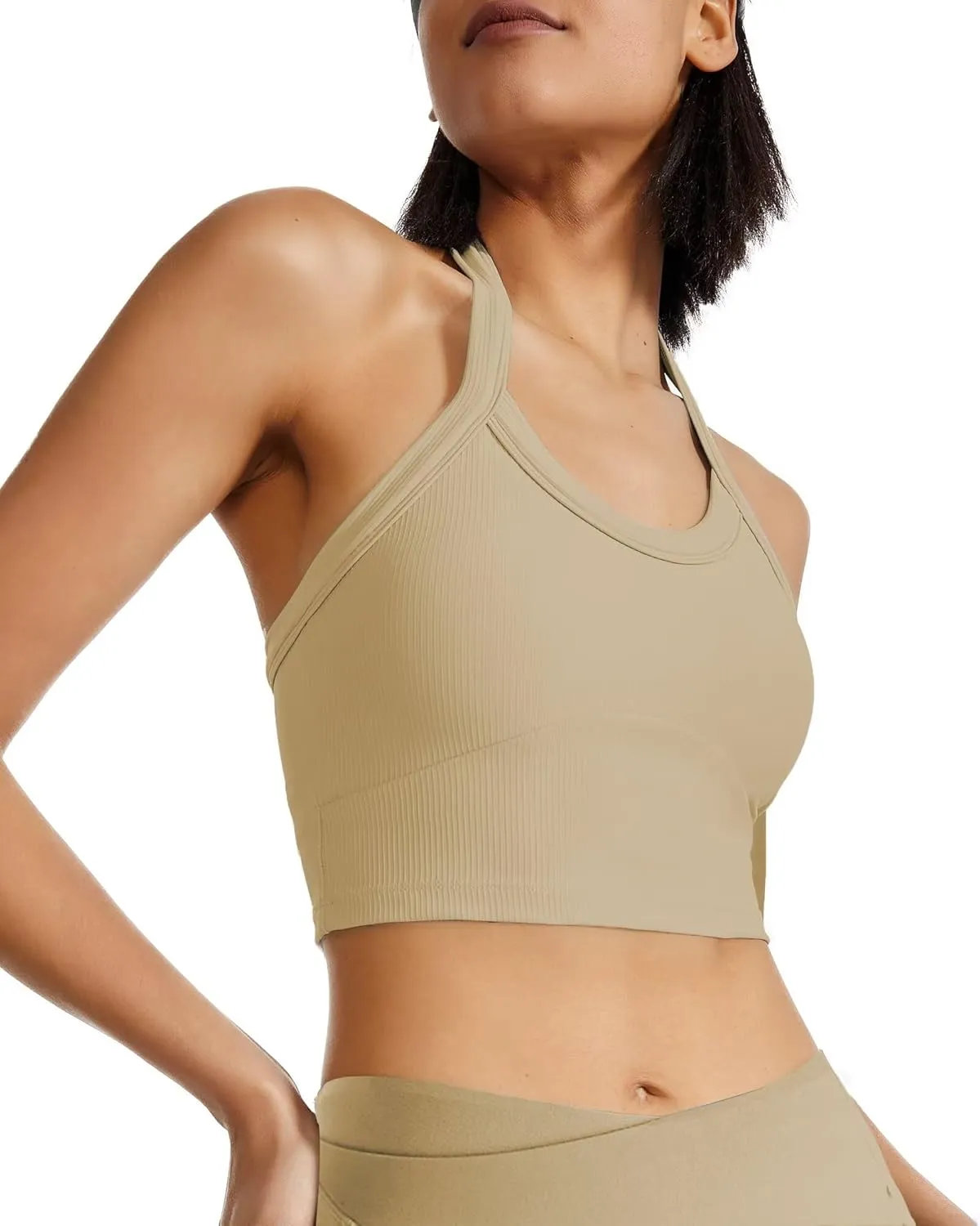 QUOJIZY Halter Sports Bra Longline Open Back Workout Top Ribbed Crop Tank Tops with Built in Bra Gym Yoga Push Up