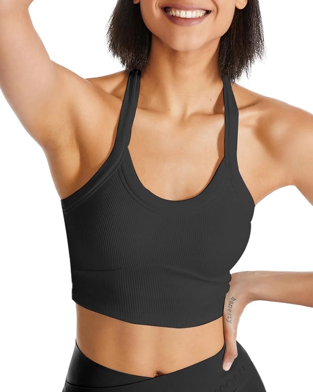 QUOJIZY Halter Sports Bra Longline Open Back Workout Top Ribbed Crop Tank Tops with Built in Bra Gym Yoga Push Up