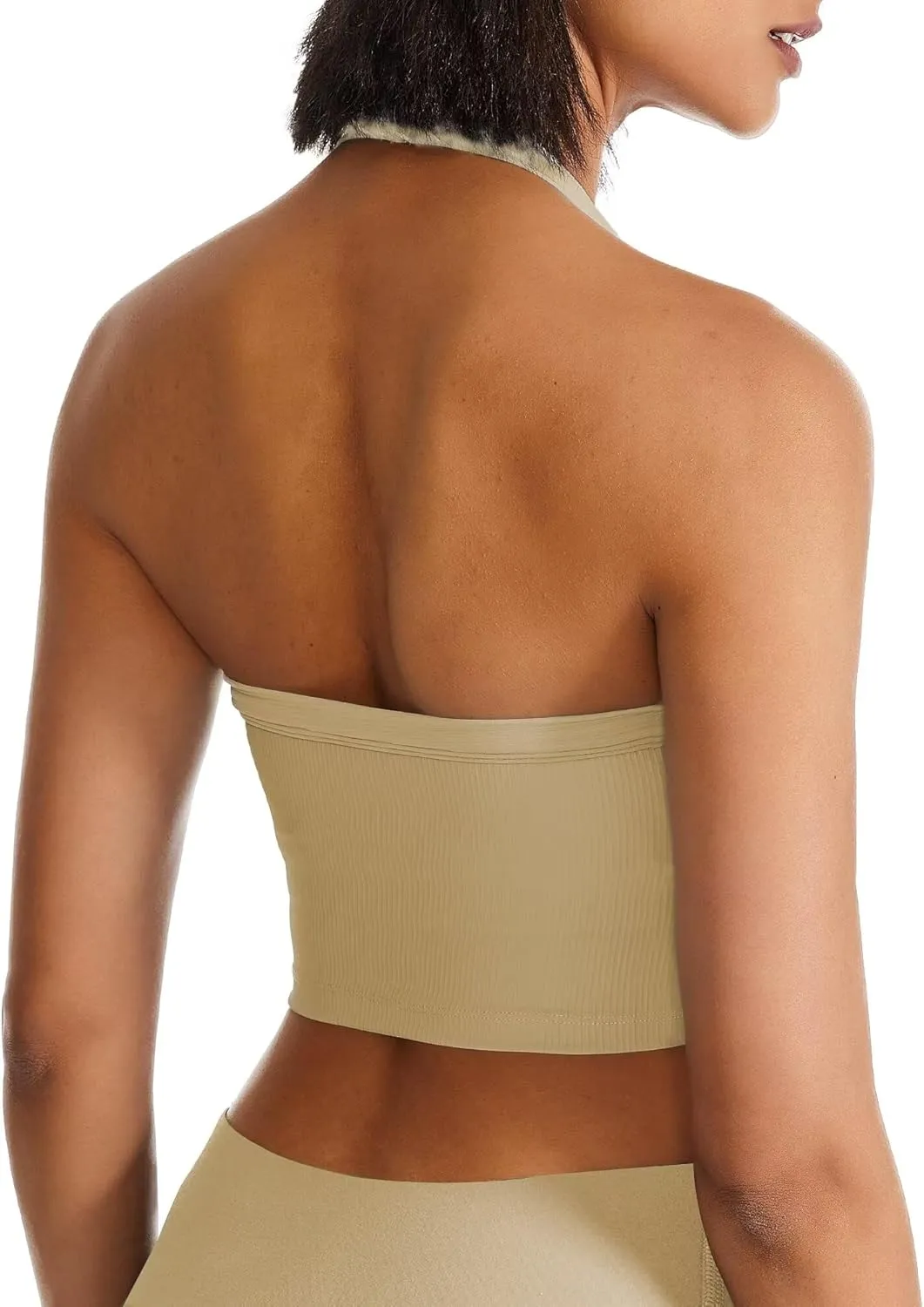 QUOJIZY Halter Sports Bra Longline Open Back Workout Top Ribbed Crop Tank Tops with Built in Bra Gym Yoga Push Up
