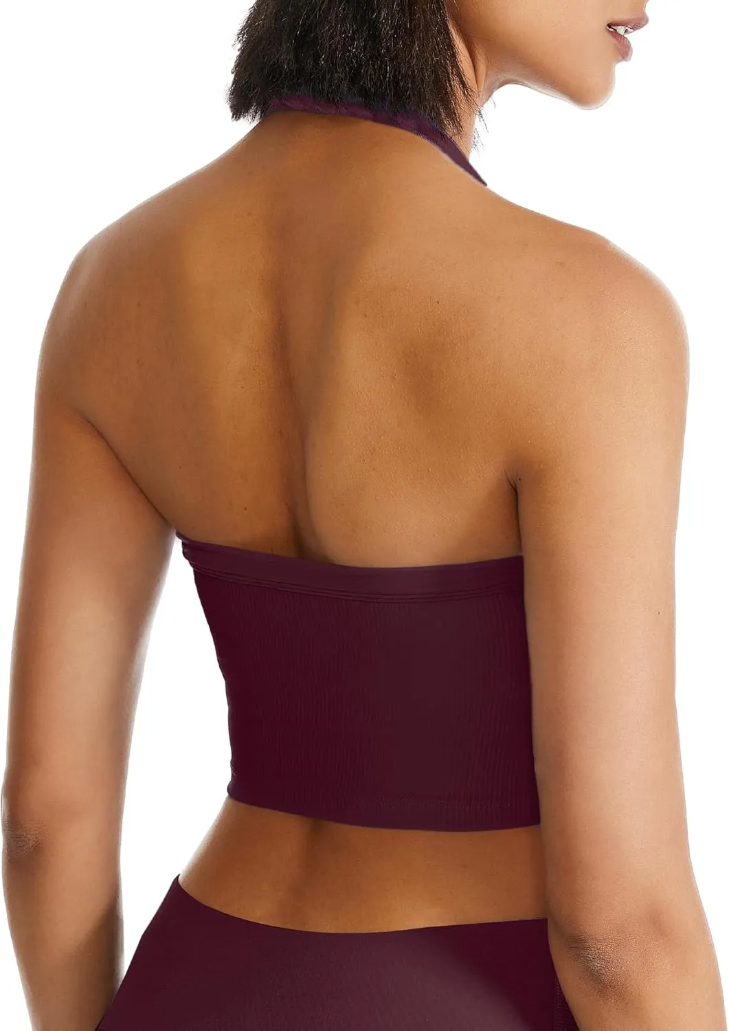 QUOJIZY Halter Sports Bra Longline Open Back Workout Top Ribbed Crop Tank Tops with Built in Bra Gym Yoga Push Up