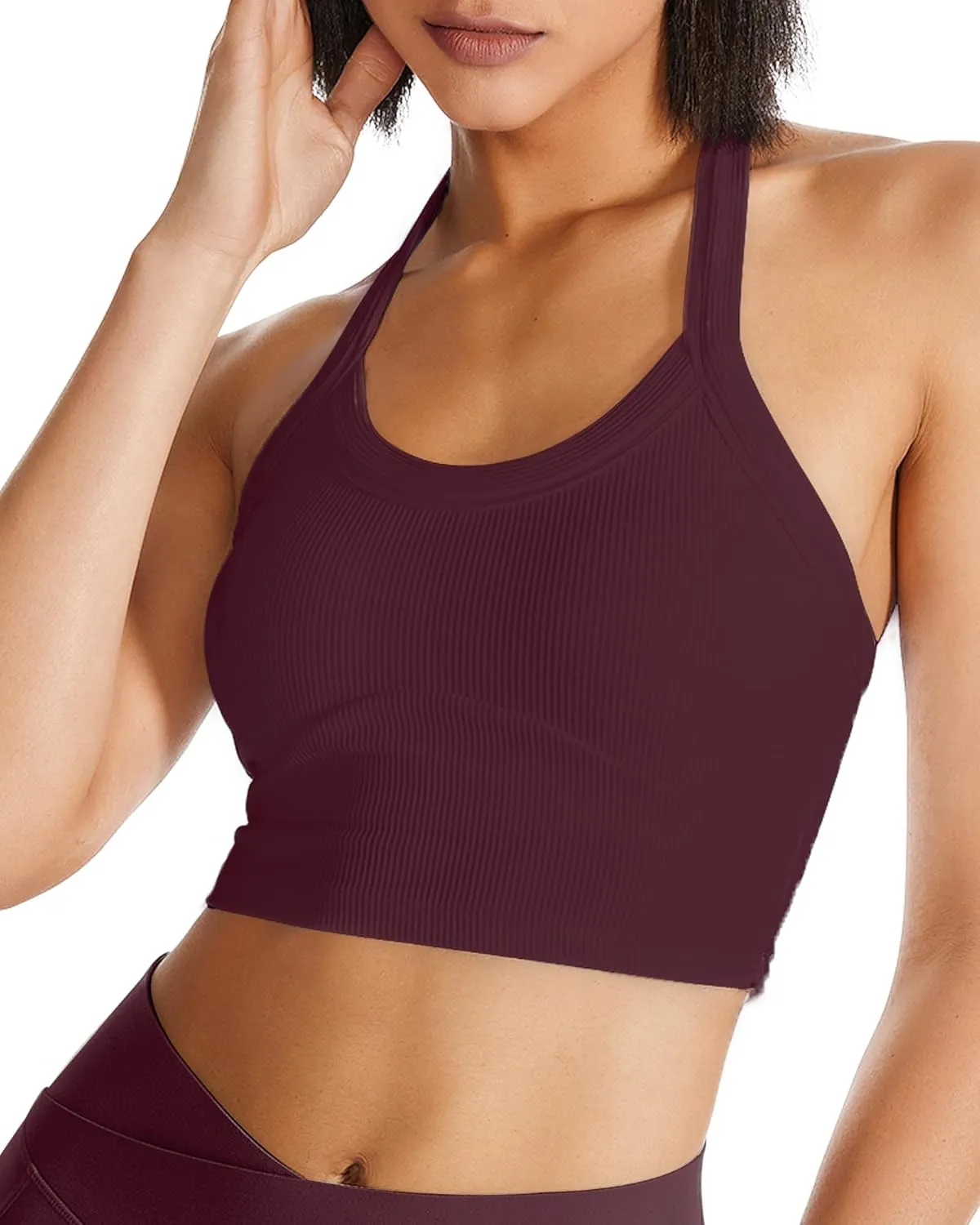 QUOJIZY Halter Sports Bra Longline Open Back Workout Top Ribbed Crop Tank Tops with Built in Bra Gym Yoga Push Up