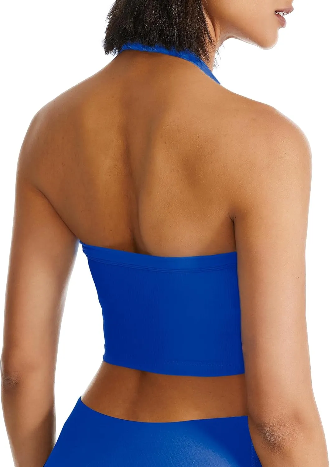 QUOJIZY Halter Sports Bra Longline Open Back Workout Top Ribbed Crop Tank Tops with Built in Bra Gym Yoga Push Up