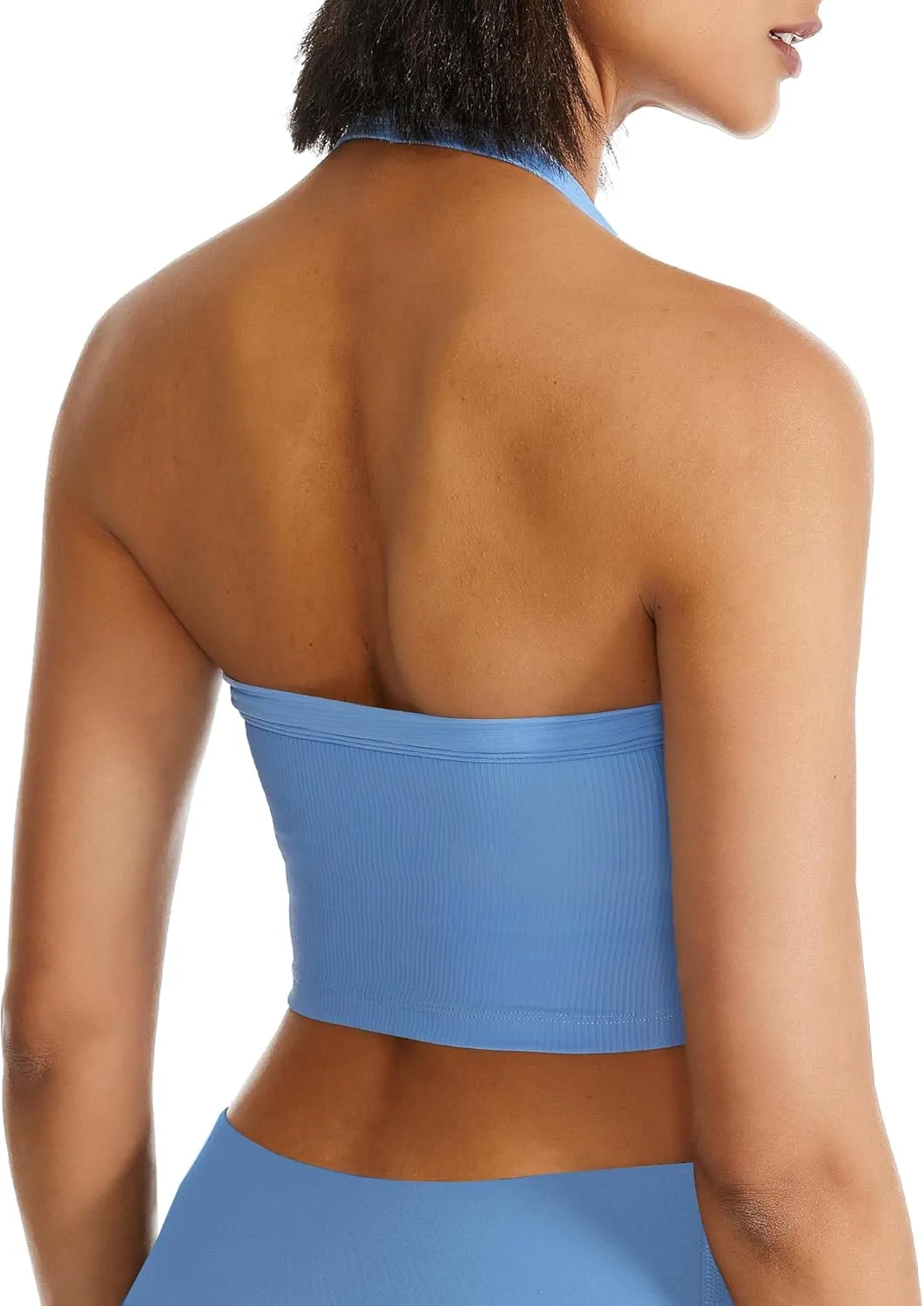QUOJIZY Halter Sports Bra Longline Open Back Workout Top Ribbed Crop Tank Tops with Built in Bra Gym Yoga Push Up