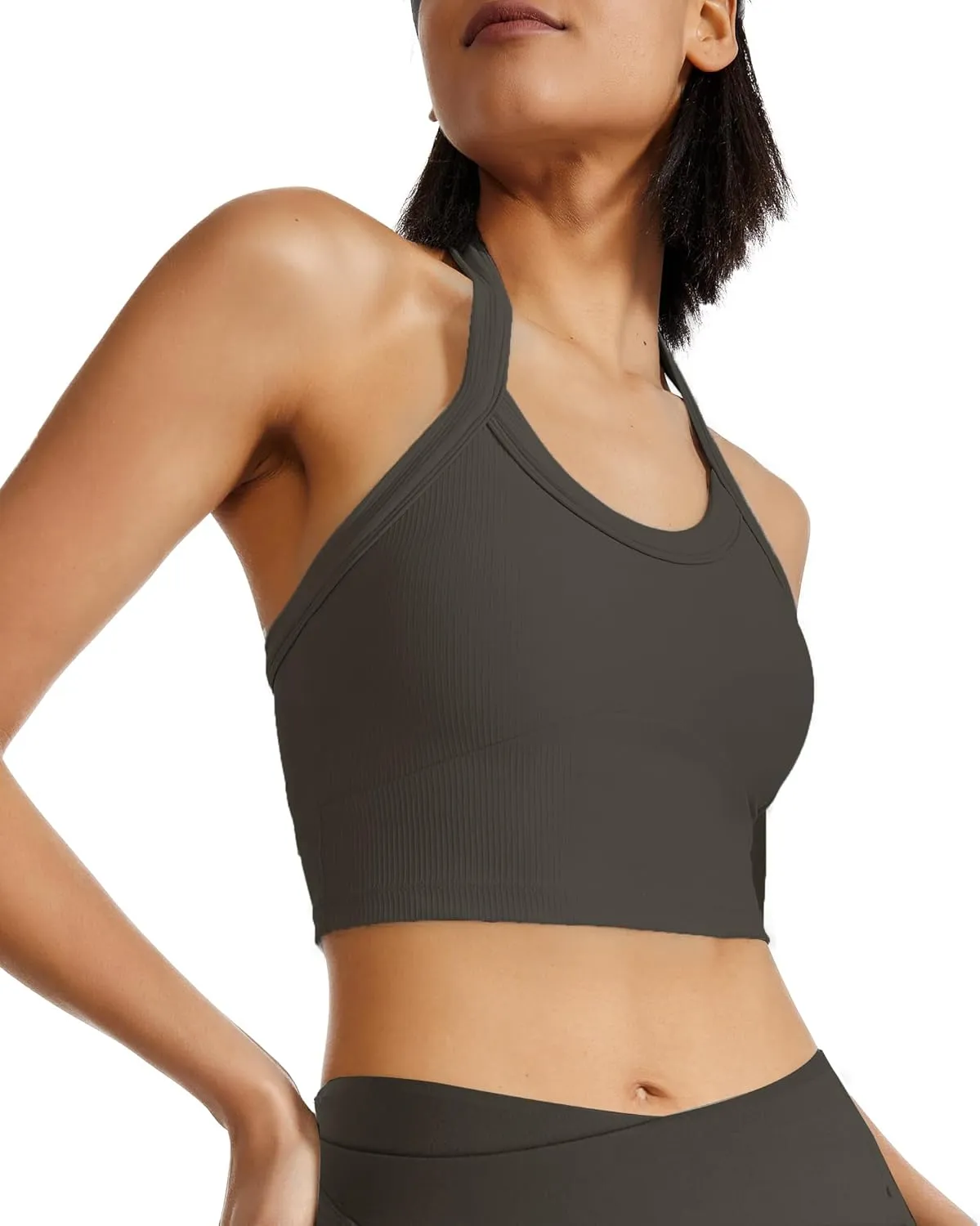 QUOJIZY Halter Sports Bra Longline Open Back Workout Top Ribbed Crop Tank Tops with Built in Bra Gym Yoga Push Up