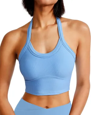 QUOJIZY Halter Sports Bra Longline Open Back Workout Top Ribbed Crop Tank Tops with Built in Bra Gym Yoga Push Up