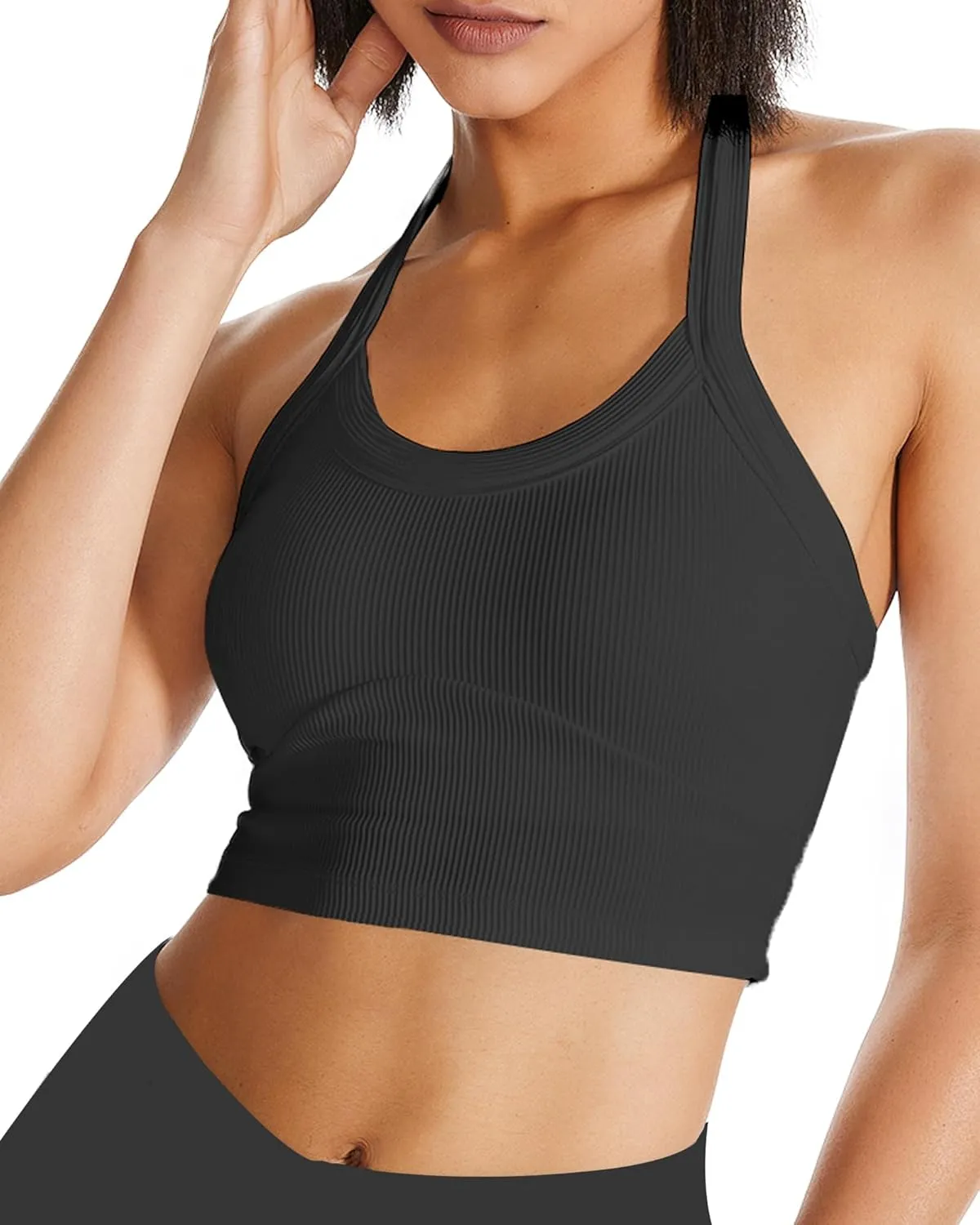 QUOJIZY Halter Sports Bra Longline Open Back Workout Top Ribbed Crop Tank Tops with Built in Bra Gym Yoga Push Up