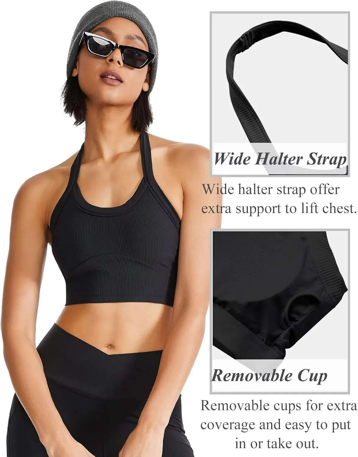QUOJIZY Halter Sports Bra Longline Open Back Workout Top Ribbed Crop Tank Tops with Built in Bra Gym Yoga Push Up