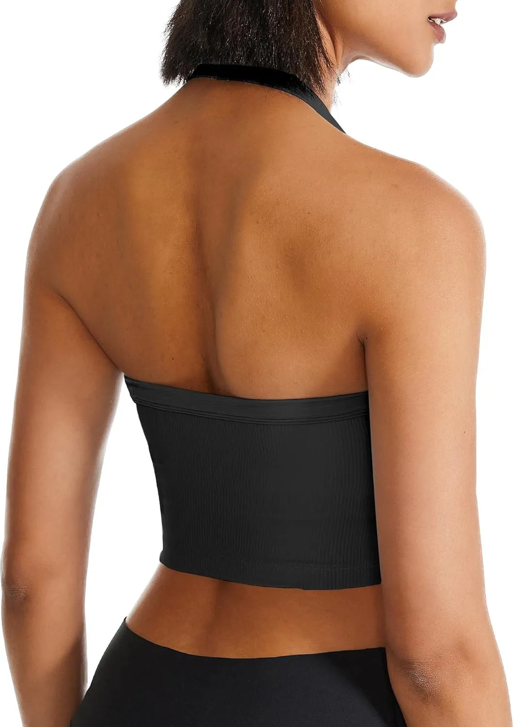 QUOJIZY Halter Sports Bra Longline Open Back Workout Top Ribbed Crop Tank Tops with Built in Bra Gym Yoga Push Up