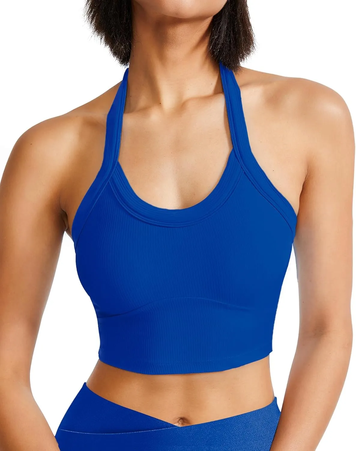 QUOJIZY Halter Sports Bra Longline Open Back Workout Top Ribbed Crop Tank Tops with Built in Bra Gym Yoga Push Up