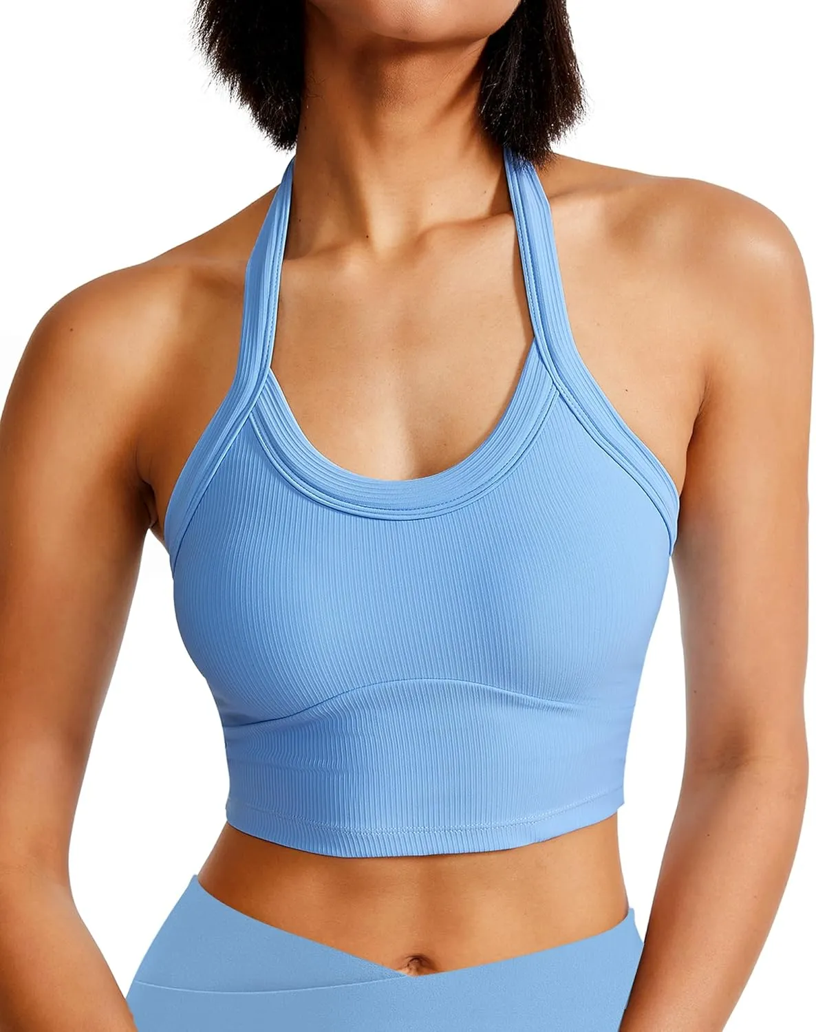 QUOJIZY Halter Sports Bra Longline Open Back Workout Top Ribbed Crop Tank Tops with Built in Bra Gym Yoga Push Up