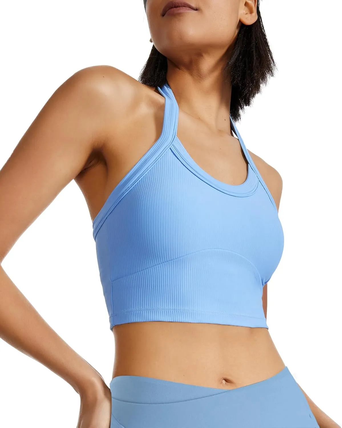 QUOJIZY Halter Sports Bra Longline Open Back Workout Top Ribbed Crop Tank Tops with Built in Bra Gym Yoga Push Up