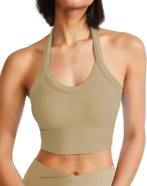 QUOJIZY Halter Sports Bra Longline Open Back Workout Top Ribbed Crop Tank Tops with Built in Bra Gym Yoga Push Up
