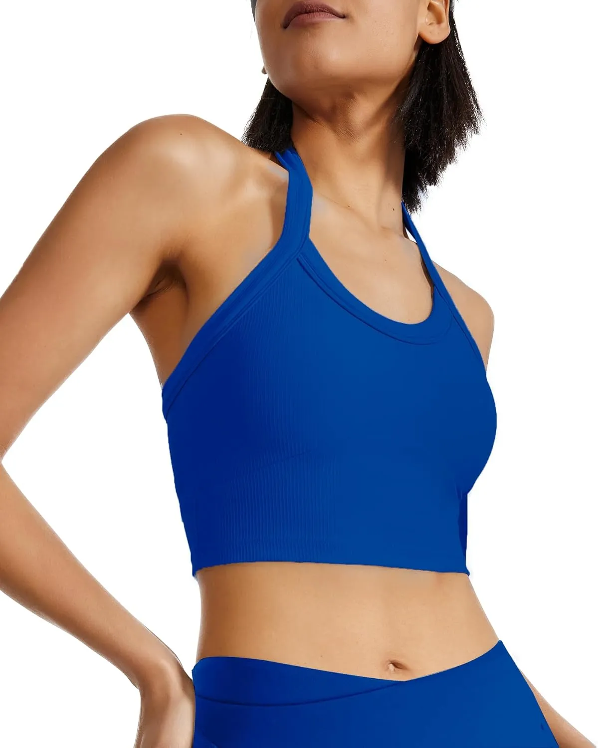 QUOJIZY Halter Sports Bra Longline Open Back Workout Top Ribbed Crop Tank Tops with Built in Bra Gym Yoga Push Up