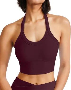 QUOJIZY Halter Sports Bra Longline Open Back Workout Top Ribbed Crop Tank Tops with Built in Bra Gym Yoga Push Up