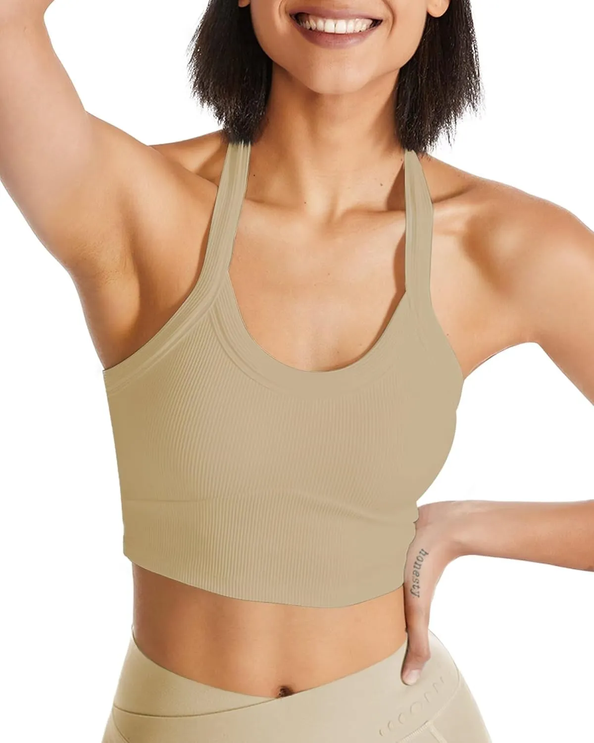 QUOJIZY Halter Sports Bra Longline Open Back Workout Top Ribbed Crop Tank Tops with Built in Bra Gym Yoga Push Up