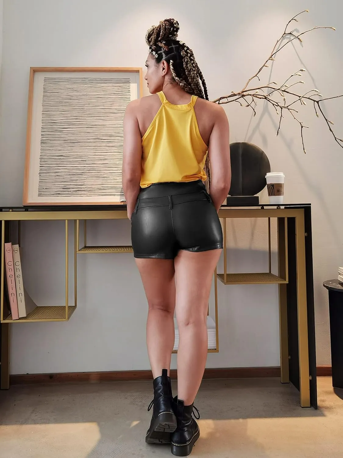 RAMISU Womens Casual Faux Leather Shorts High Waist Stretch Slim HIPS Motorcycle Skinny Coated Shorts