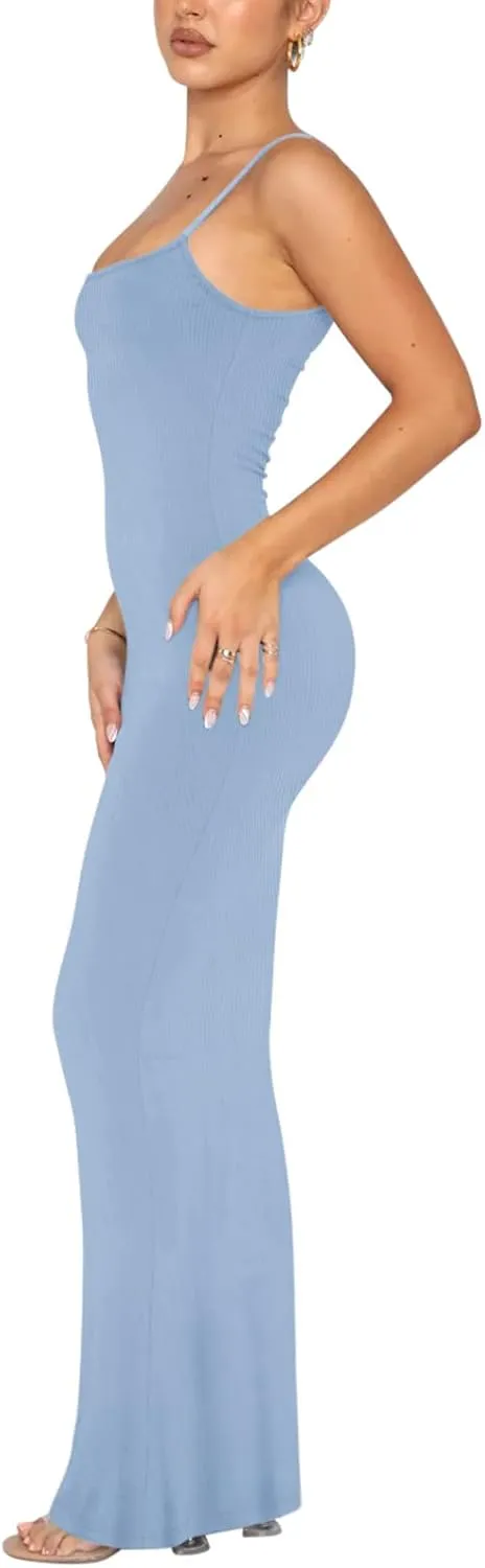 REORIA Women's Basic Sexy Lounge Slip Long Dress Elegant Sleeveless Backless Ribbed Bodycon Maxi Dresses