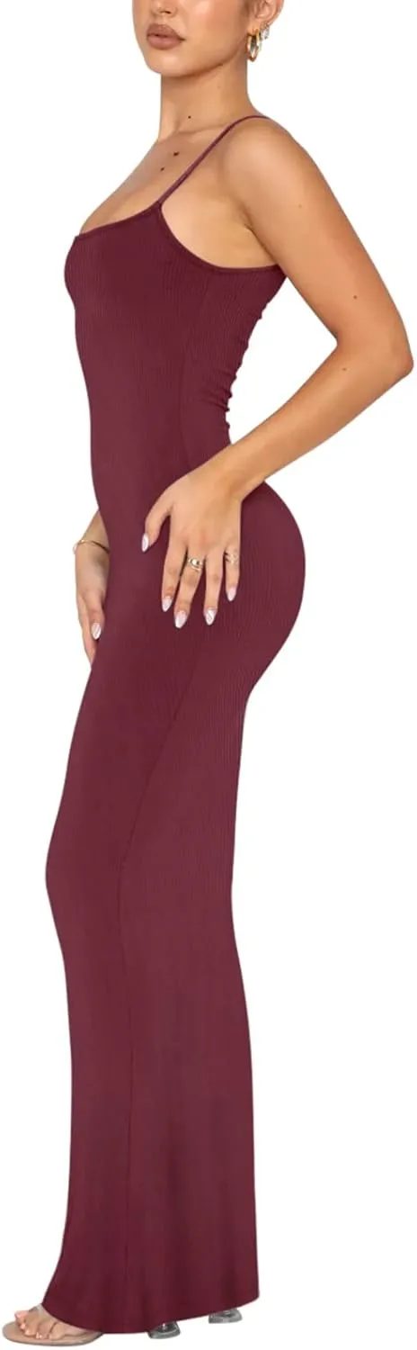 REORIA Women's Basic Sexy Lounge Slip Long Dress Elegant Sleeveless Backless Ribbed Bodycon Maxi Dresses
