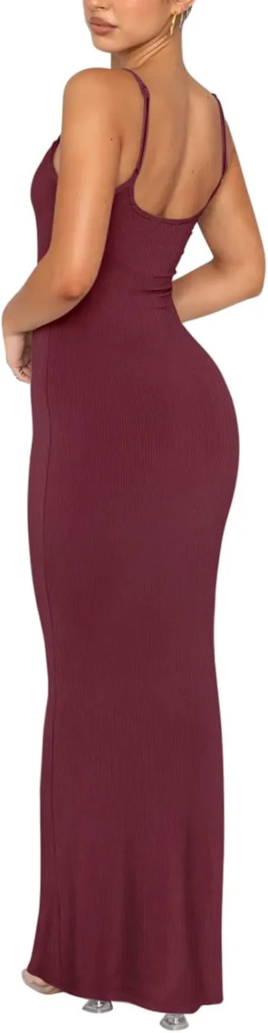 REORIA Women's Basic Sexy Lounge Slip Long Dress Elegant Sleeveless Backless Ribbed Bodycon Maxi Dresses