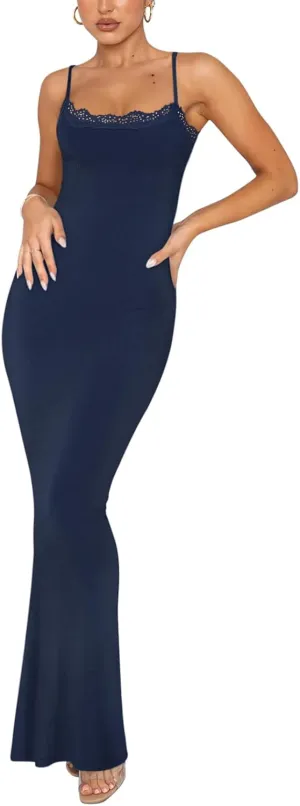 REORIA Women's Summer Lace Slip Lounge Long Dress Sexy Casual Elegant Backless Ribbed Bodycon Maxi Dresses