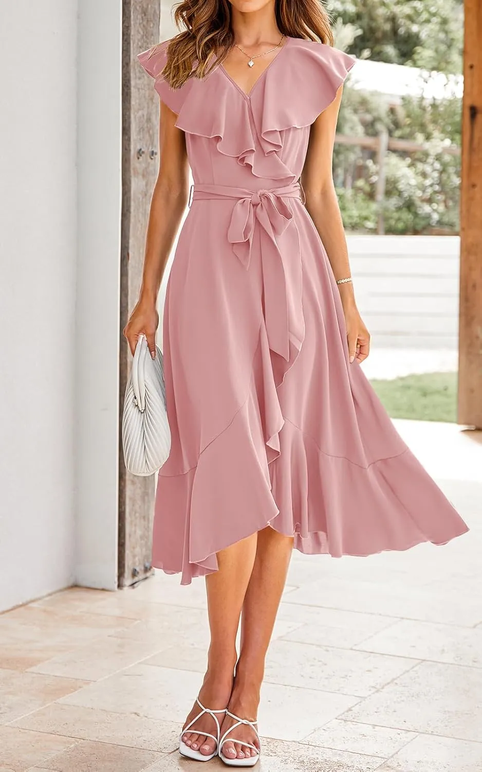 RETTYGARDEN Women's 2025 Summer Cross Midi Dress Casual Boho Deep V Neck Short Sleeve Ruffle Hem Split Beach Long Dresses