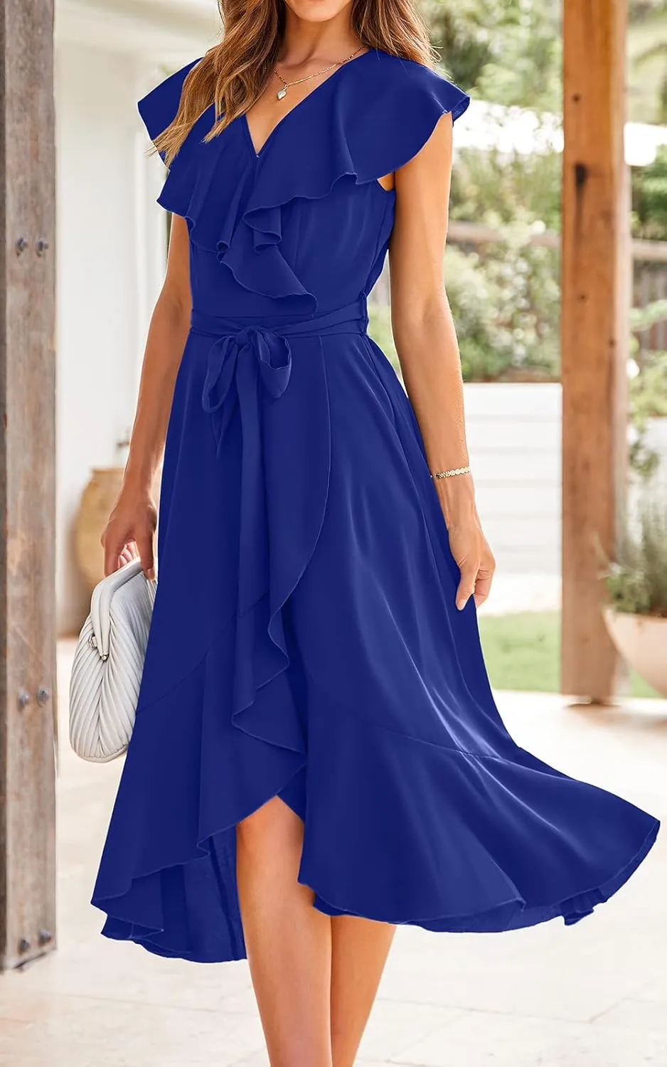RETTYGARDEN Women's 2025 Summer Cross Midi Dress Casual Boho Deep V Neck Short Sleeve Ruffle Hem Split Beach Long Dresses