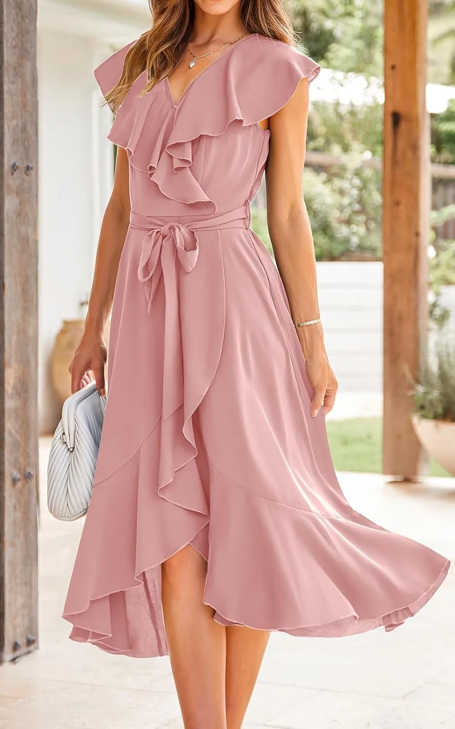 RETTYGARDEN Women's 2025 Summer Cross Midi Dress Casual Boho Deep V Neck Short Sleeve Ruffle Hem Split Beach Long Dresses