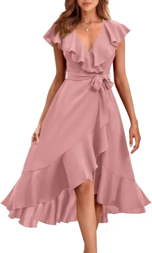 RETTYGARDEN Women's 2025 Summer Cross Midi Dress Casual Boho Deep V Neck Short Sleeve Ruffle Hem Split Beach Long Dresses